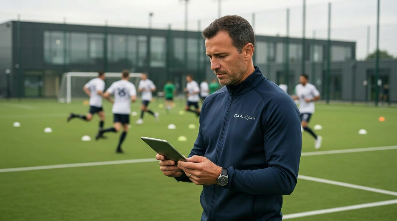 Football coach holding a tablet on the training ground while players run drills