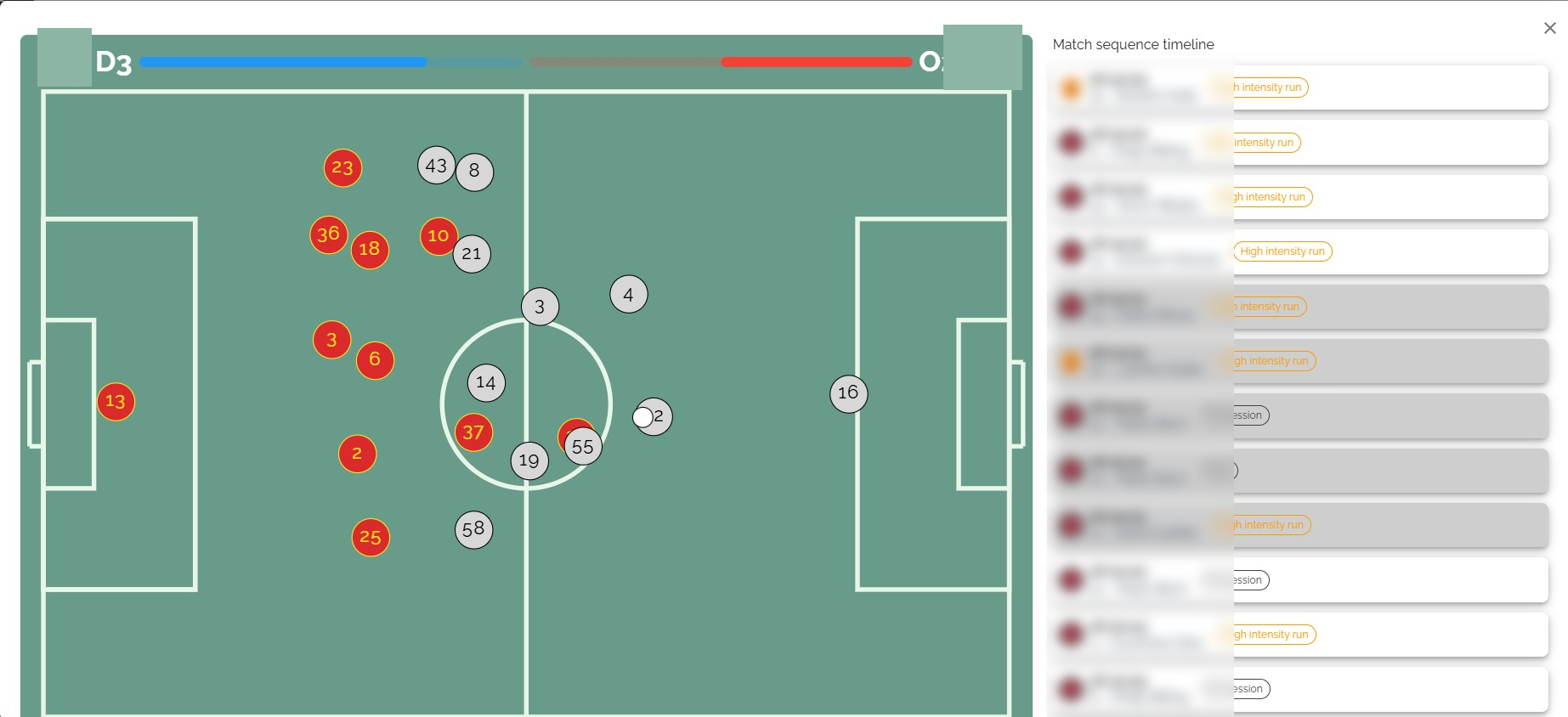 Live match analysis screenshot showing player positions and match sequence timeline